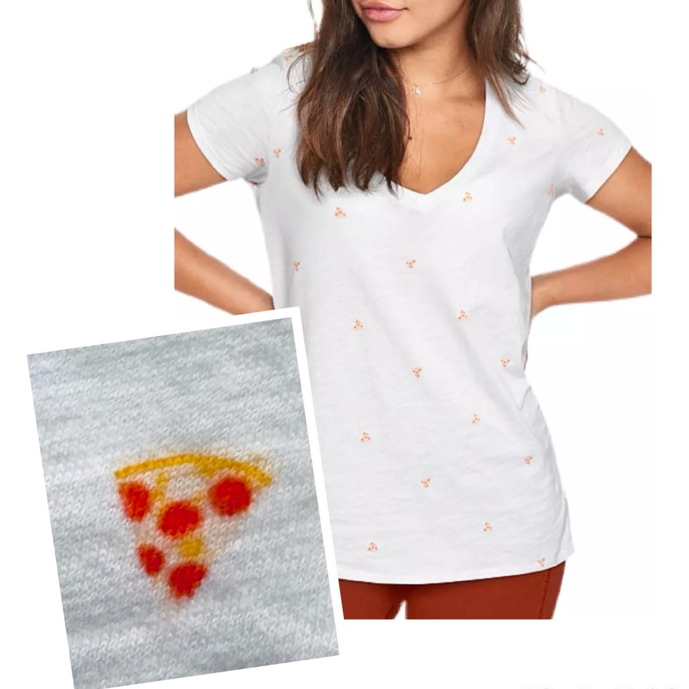 PINK Victoria's Secret White Cotton V-neck T-shirt w/‎ Pizza Print & Dog L E